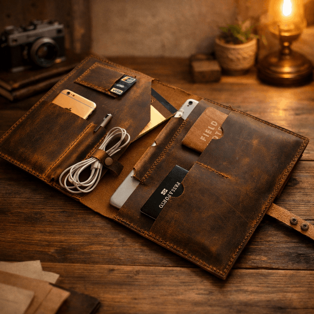 Genuine leather business portfolio organizer holding documents, phone, and cables on wooden desk