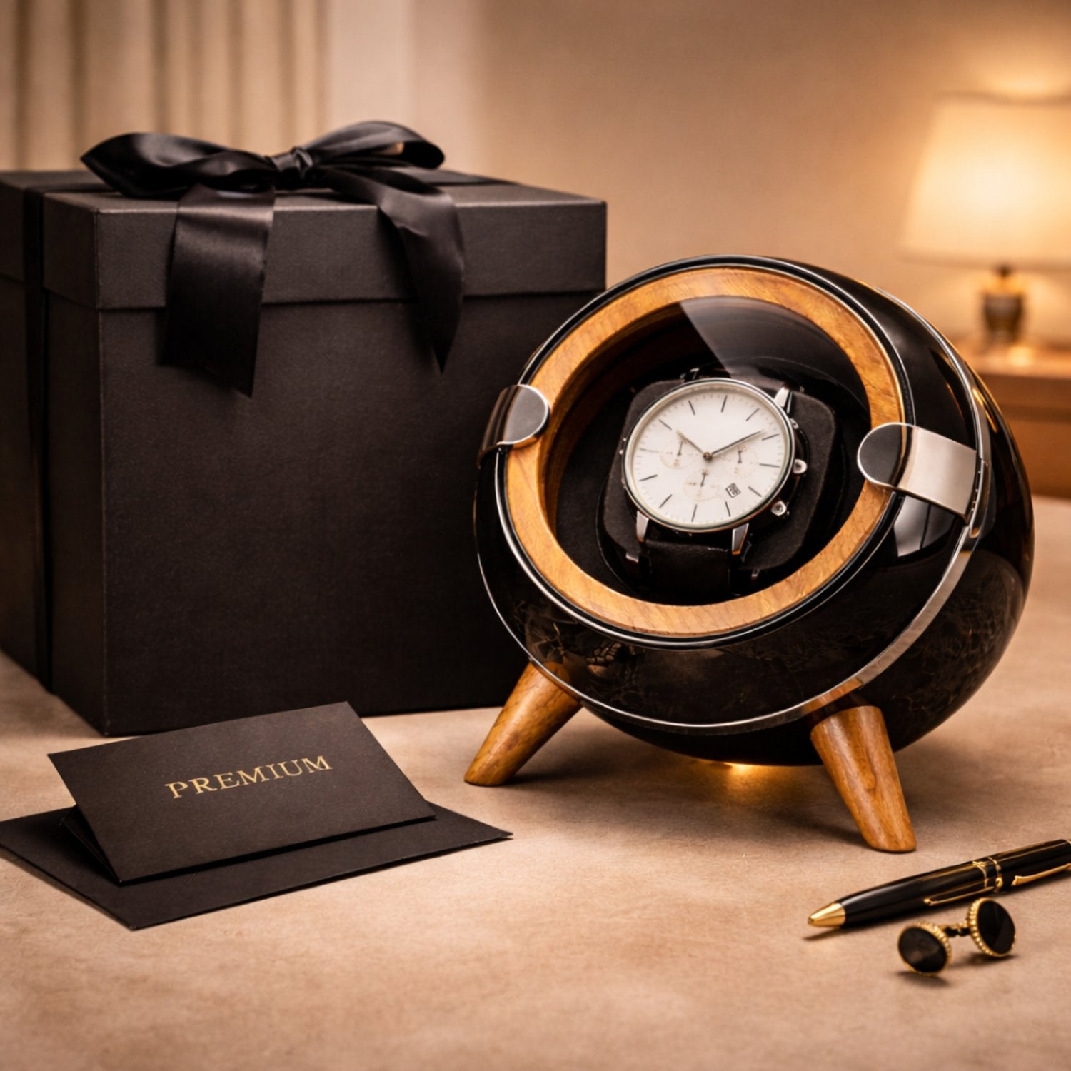 Watch winder with a watch, black gift box, and card on a table.