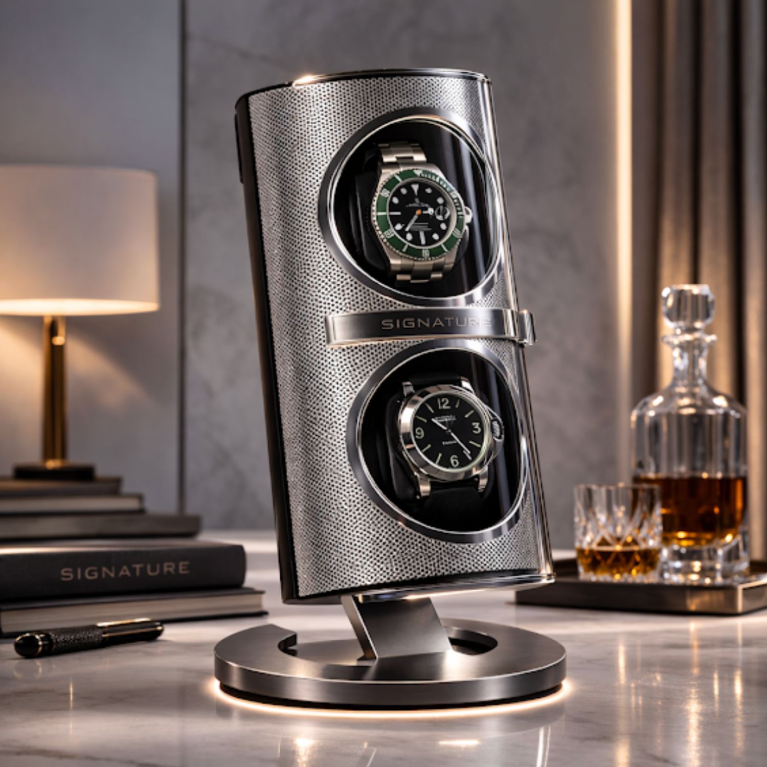 Watch winder with two watches on a marble surface with a blurred background
