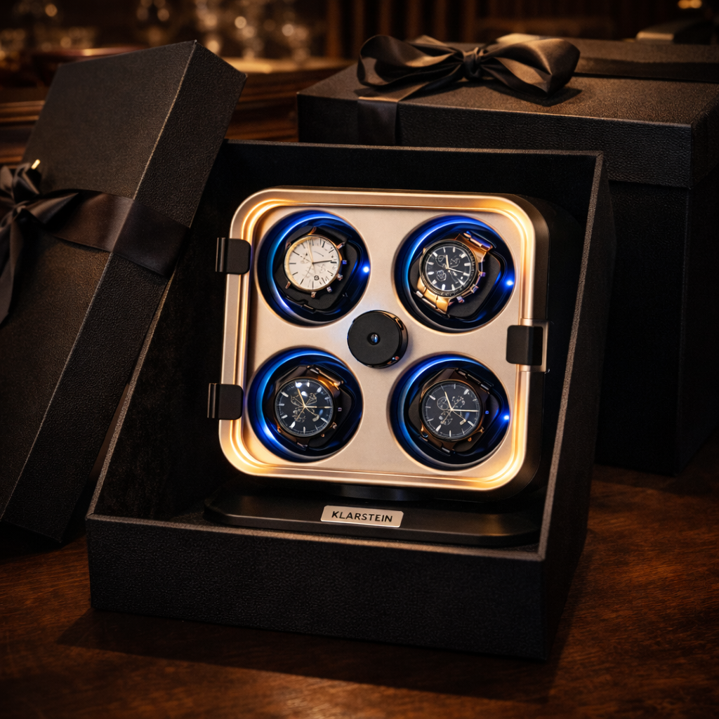 Set of four watches in a display case 