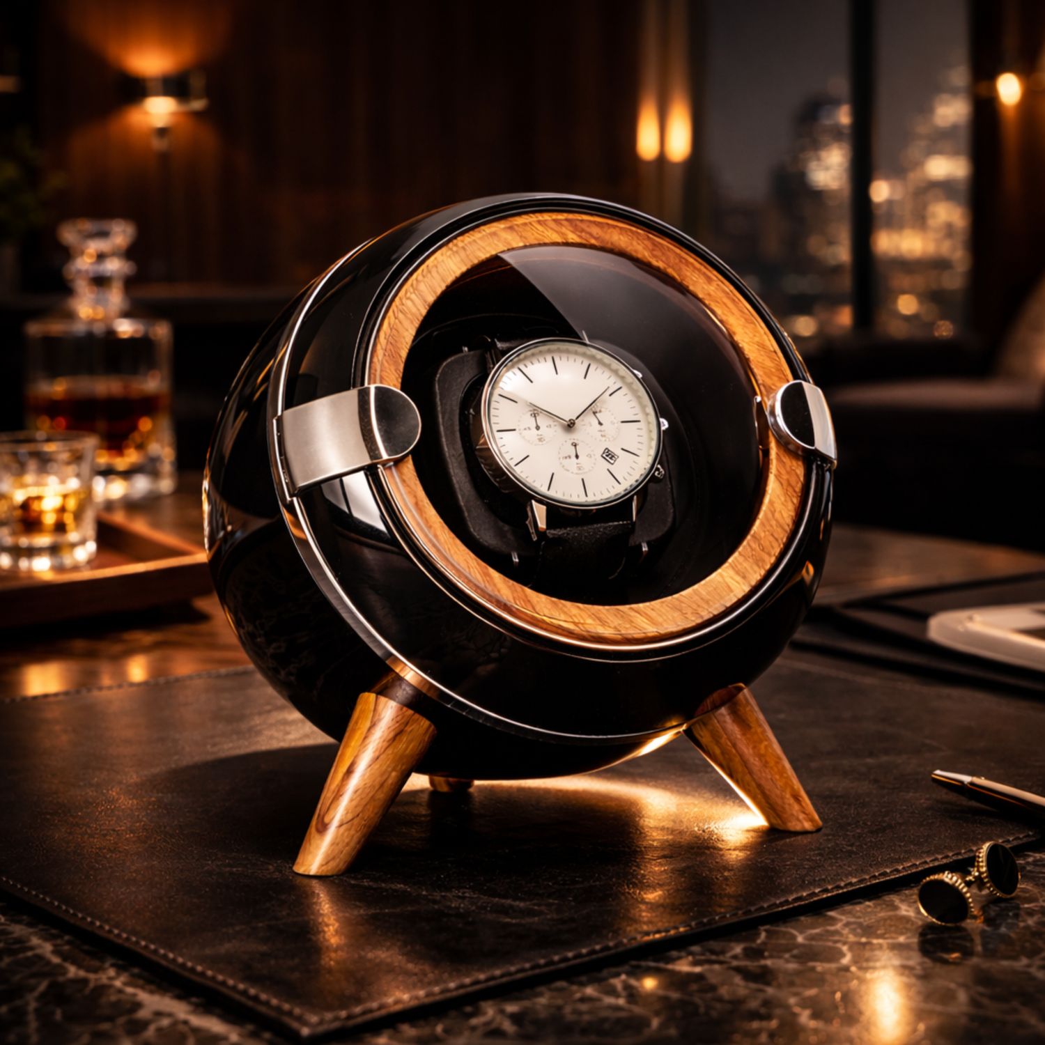  winder with wooden accents on a dark surface, likely in a bar or lounge setting.