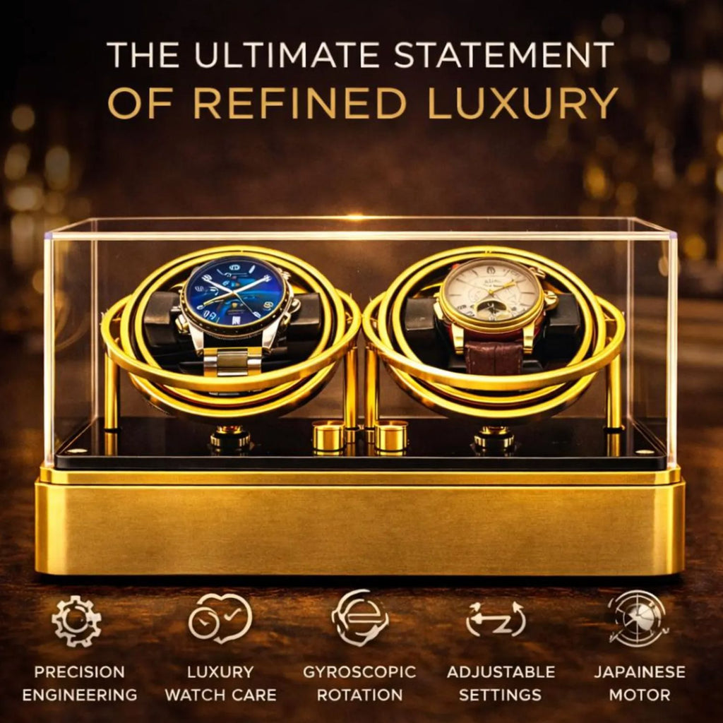 Two watches in a gold display case watch winder