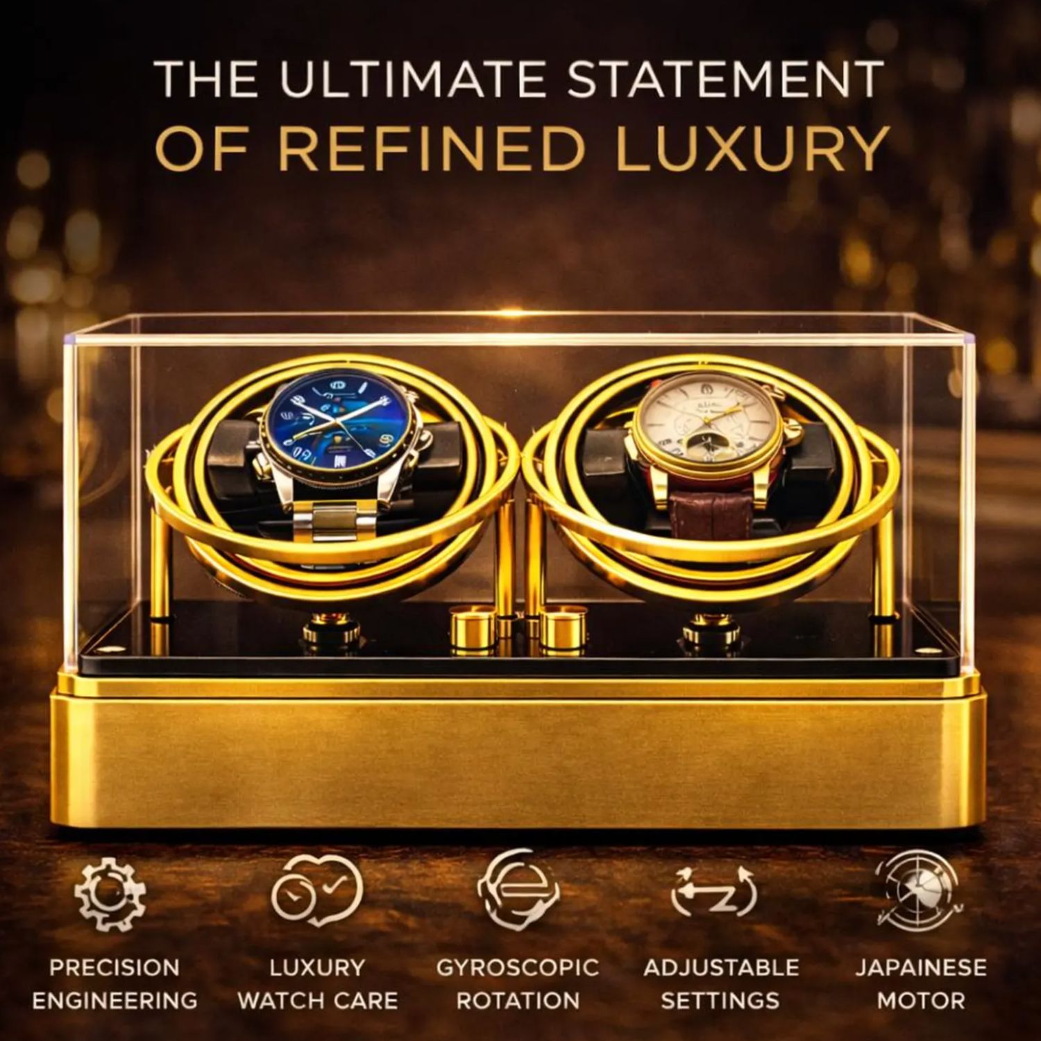 Two watches in a gold display case watch winder