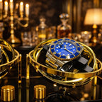Luxury gold watch with blue face on a decorative  watch winder stand in an elegant setting.