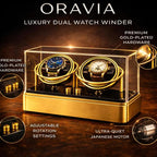 Oravia luxury dual watch winder with gold-plated hardware on a dark background