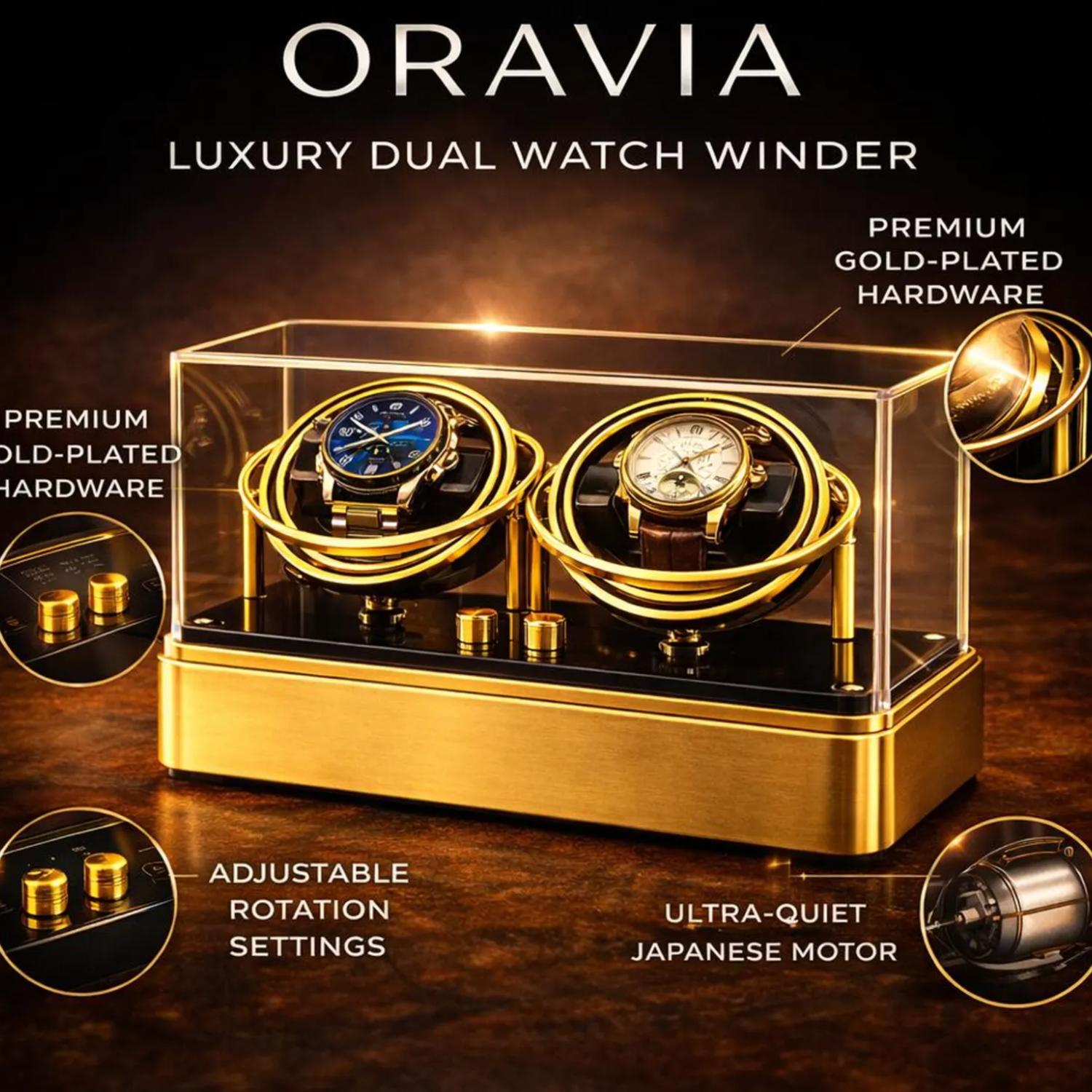 Oravia luxury dual watch winder with gold-plated hardware on a dark background