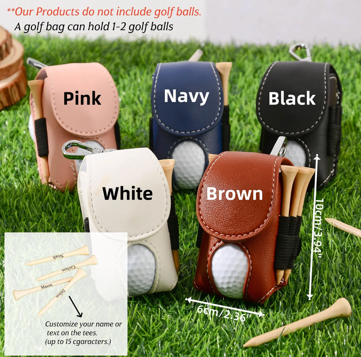 Golf ball holders in various colors on grass with golf balls and tees included.