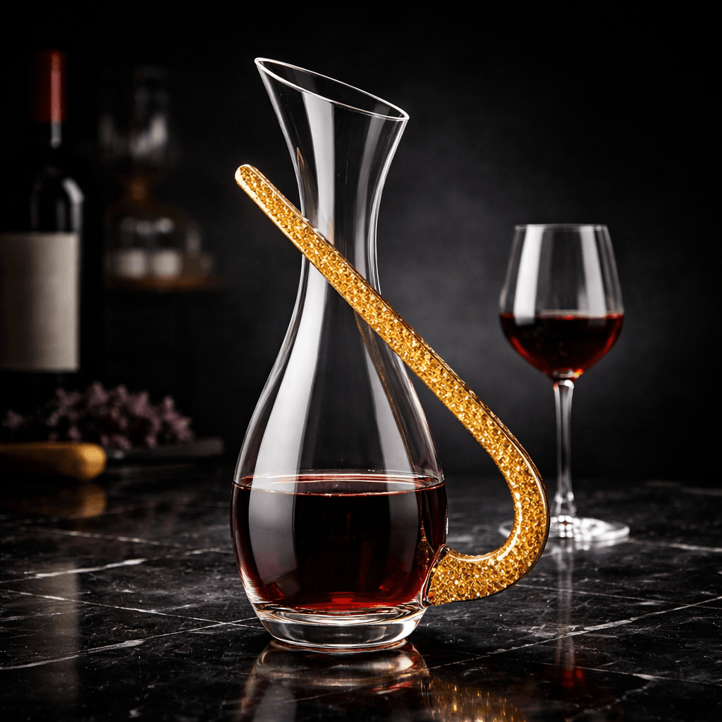 Glass decanter with gold accent on a dark surface, with wine in it and another glass of wine in the background.