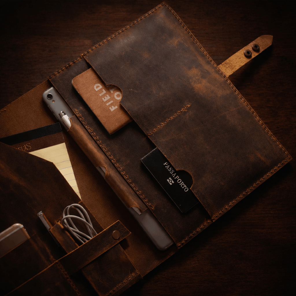 Handmade leather portfolio organizer case for business documents and accessories