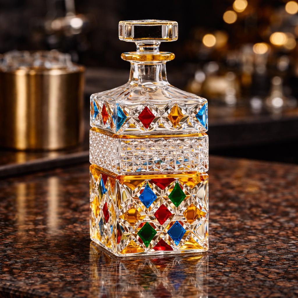 Luxury crystal whiskey decanter set with gold and multicolor design