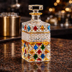 Luxury crystal whiskey decanter set with gold and multicolor design