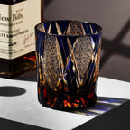 Hand-Carved Edo Kiriko Crystal Whiskey Glass – Japanese Amber Blue Bourbon Tumbler, Lead-Free Luxury Scotch Glass Gift