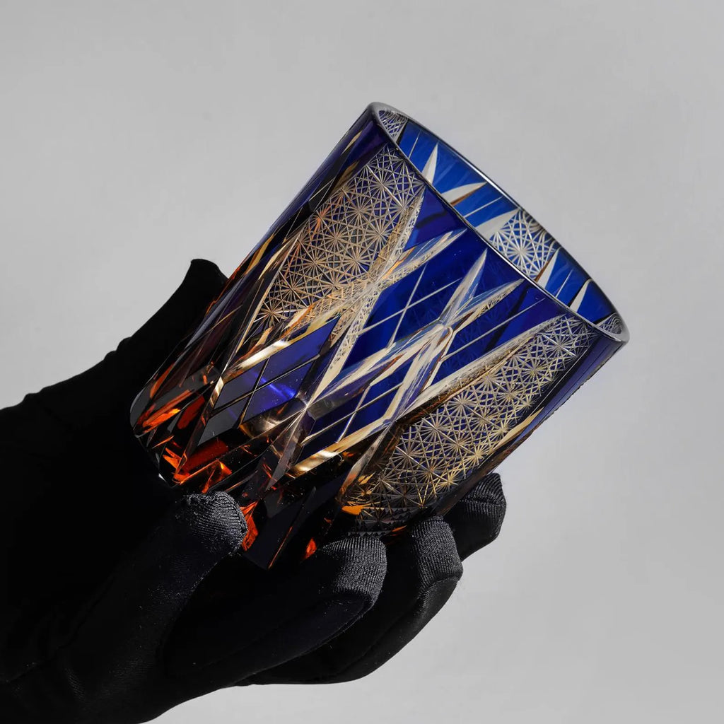 Hand-Carved Edo Kiriko Crystal Whiskey Glass – Japanese Amber Blue Bourbon Tumbler, Lead-Free Luxury Scotch Glass Gift