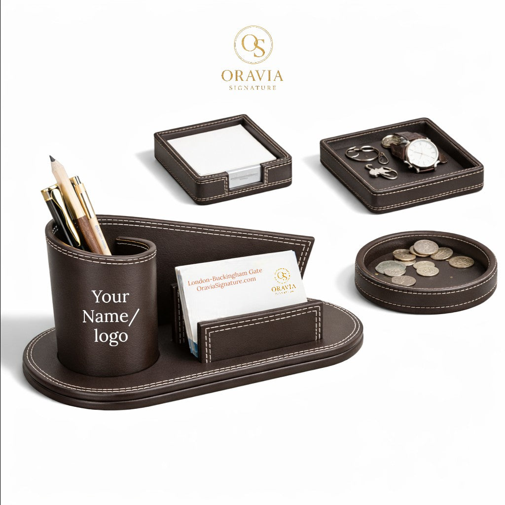 Brown leather desk organizer set with various compartments on a white background, featuring the Oravia brand.