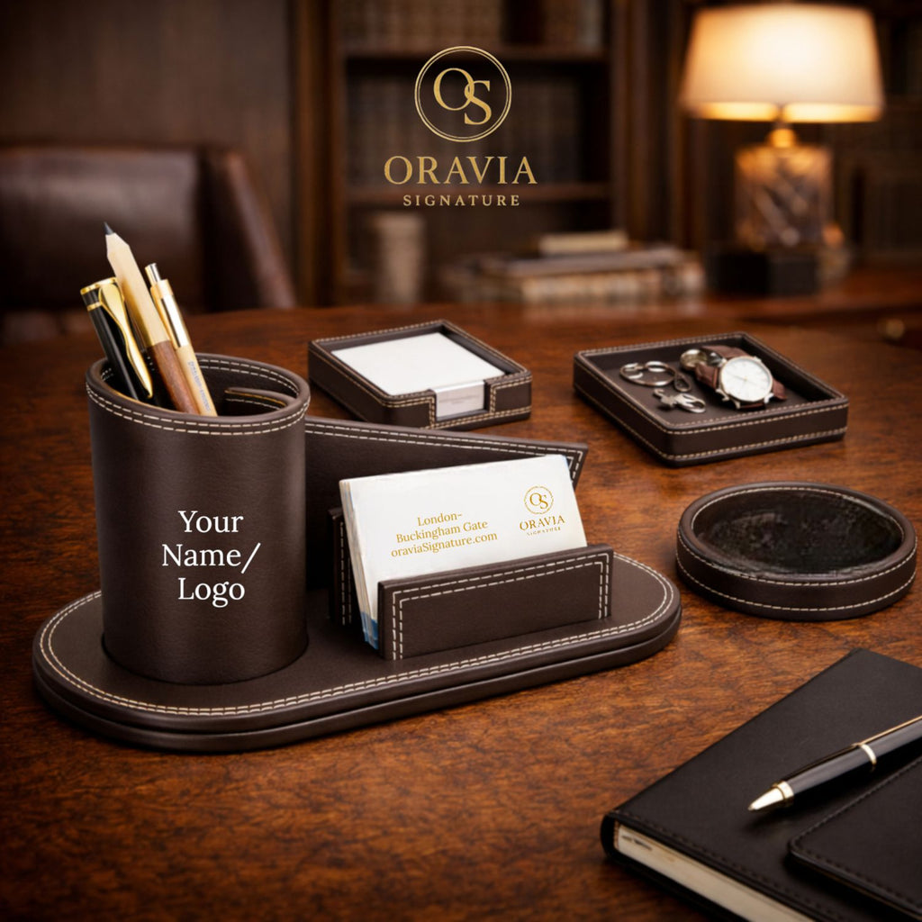 Oravia Signature desk organizer set on a wooden surface with office supplies.