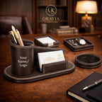 Oravia Signature desk organizer set on a wooden surface with office supplies.