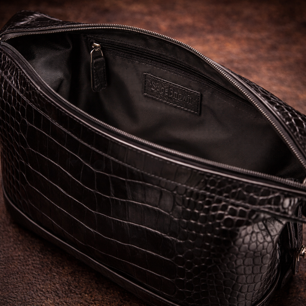 Interior of leather toiletry bag with waterproof lining