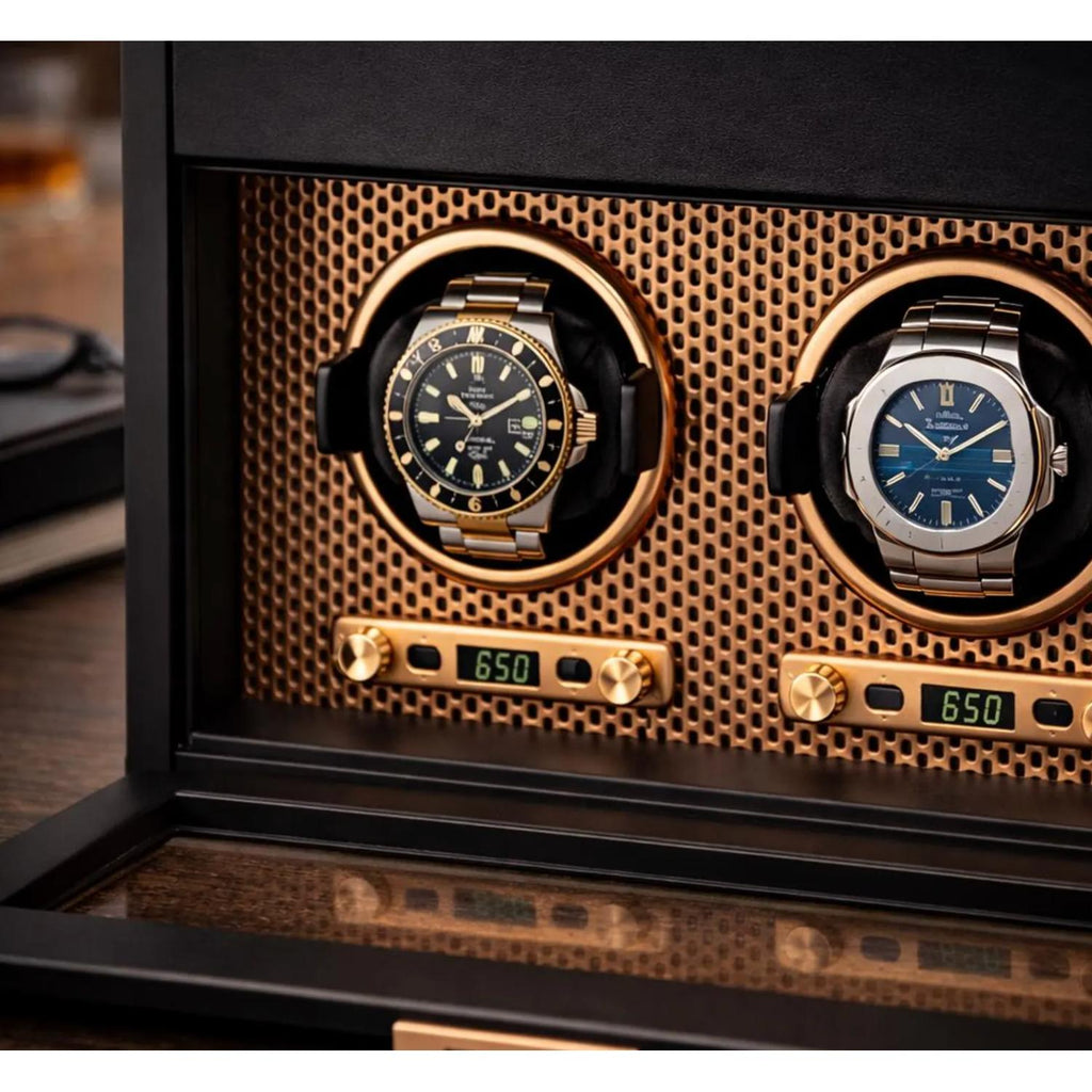 Two watches in a display case with a textured brown background - watch winder for colectors - gift for men - gift for dat-gift for boyfriend