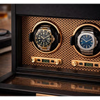 Two watches in a display case with a textured brown background - watch winder for colectors - gift for men - gift for dat-gift for boyfriend
