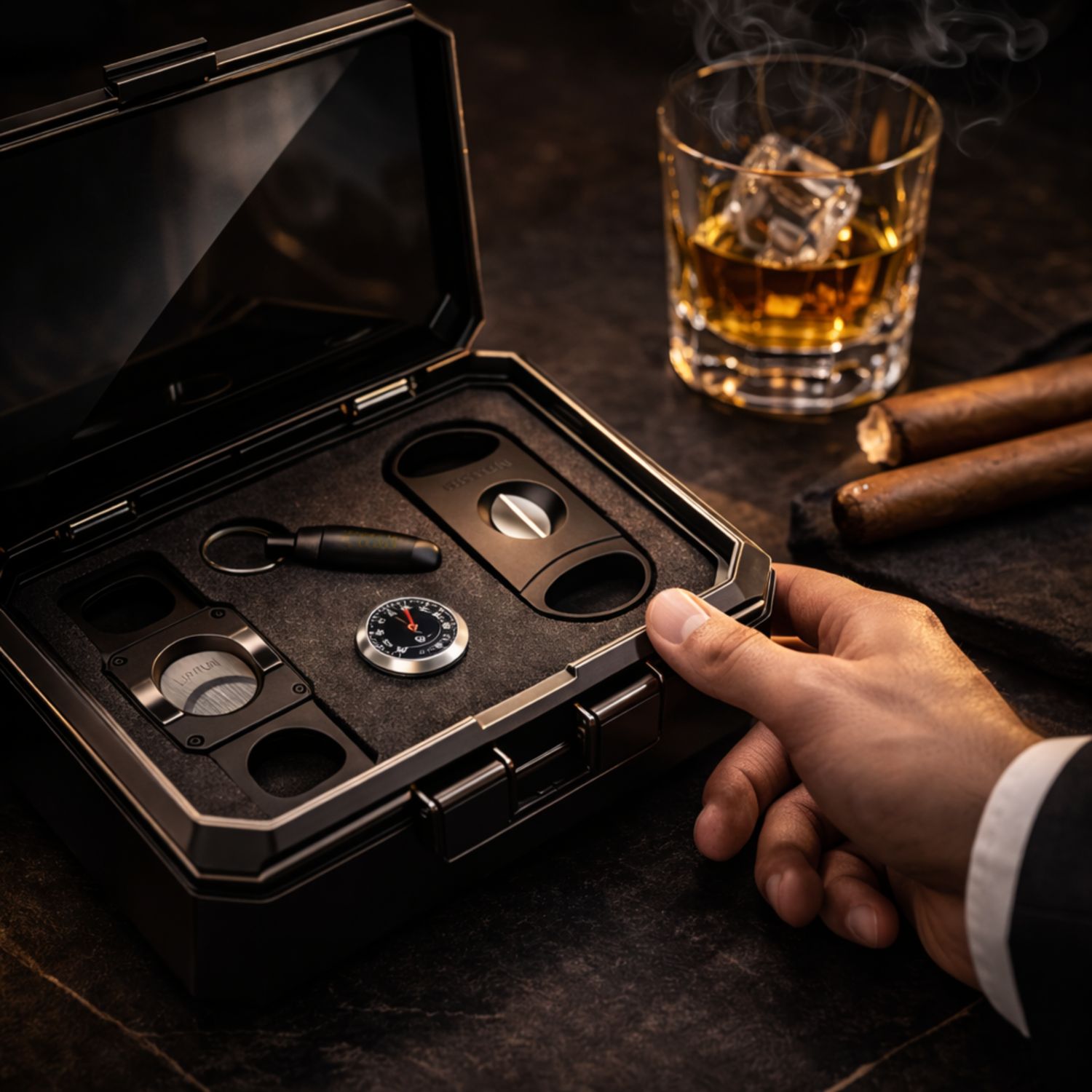 Cigar accessories set in a case with a glass of whiskey and cigars on a dark surface