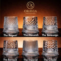Collection of crystal glasses with 'Oravia' branding on a dark background