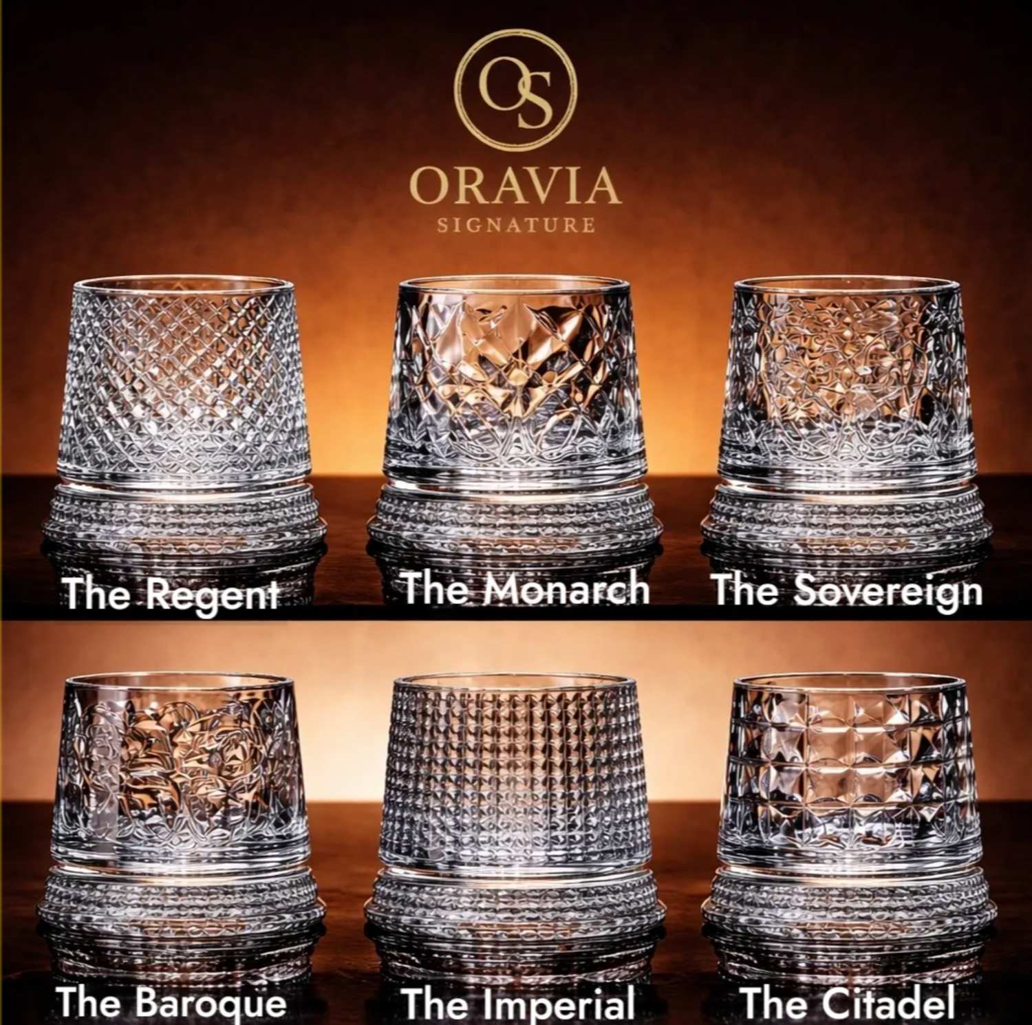 Collection of crystal glasses with 'Oravia' branding on a dark background