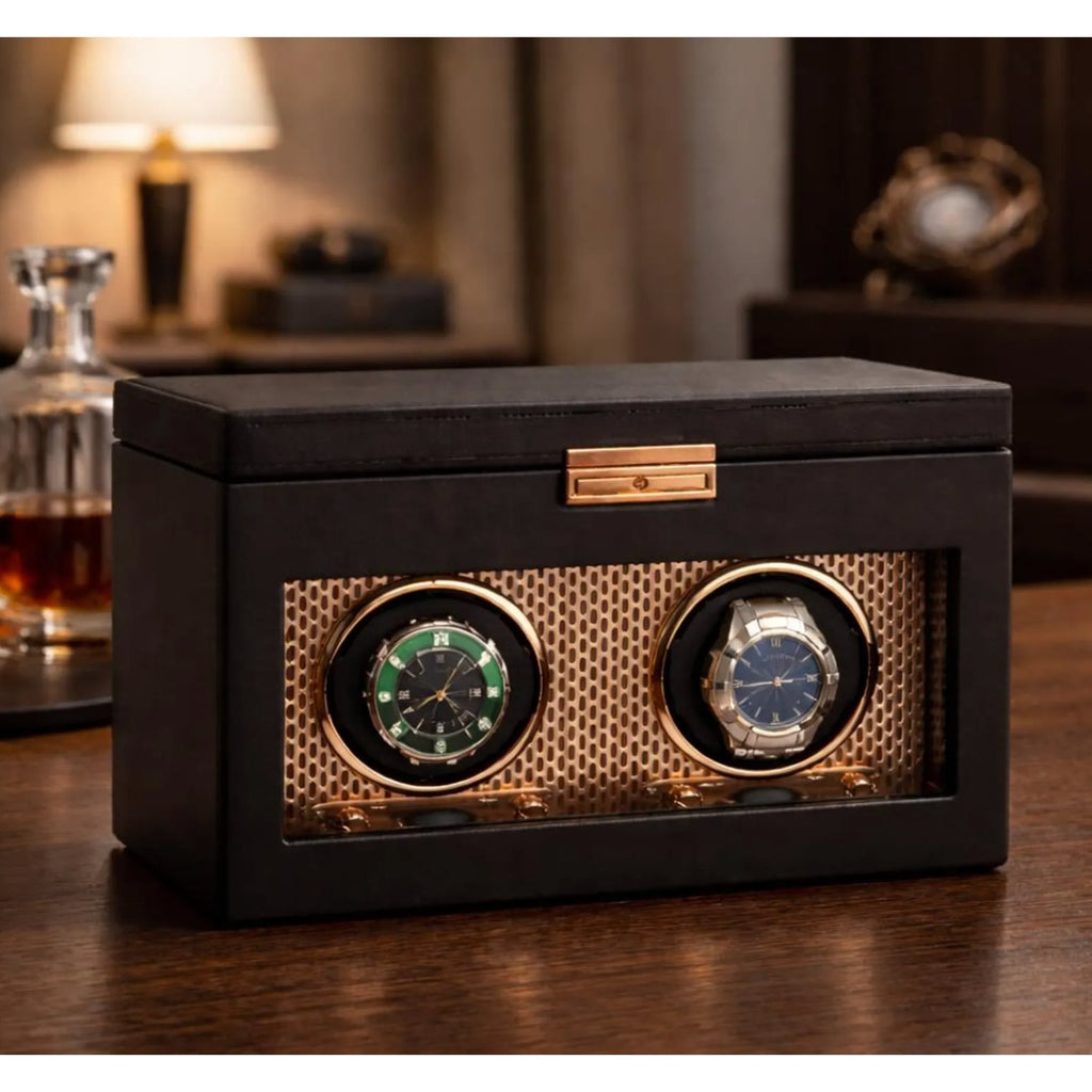 Black watch winder with two watches on a wooden surface - watch winder for colectors - gift for men - gift for dat-gift for boyfriend 