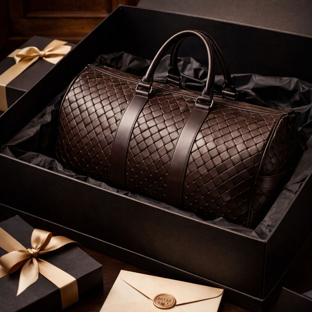 Brown woven leather bag in a black box with gold ribbons and an envelope on a wooden surface.