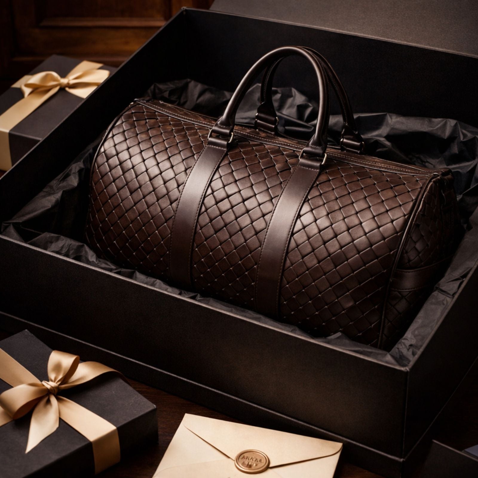 Brown woven leather bag in a black box with gold ribbons and an envelope on a wooden surface.