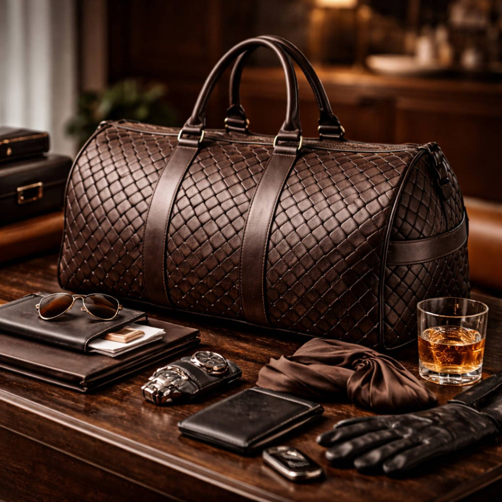 Brown leather duffel bag on a wooden surface with accessories including sunglasses, wallet, and gloves.