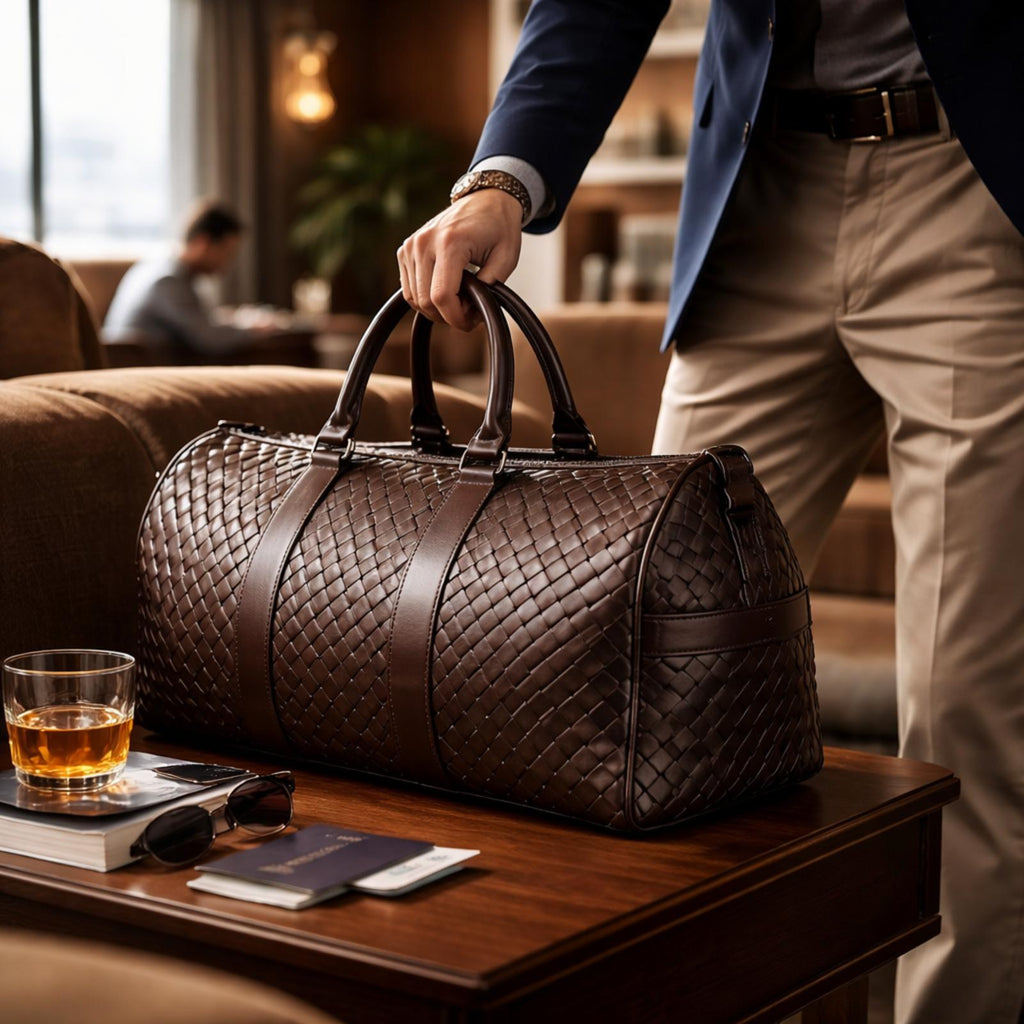 Person holding a brown leather duffel bag on a table with a glass of whiskey, sunglasses, and books.