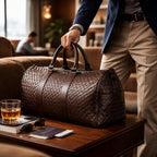 Person holding a brown leather duffel bag on a table with a glass of whiskey, sunglasses, and books.