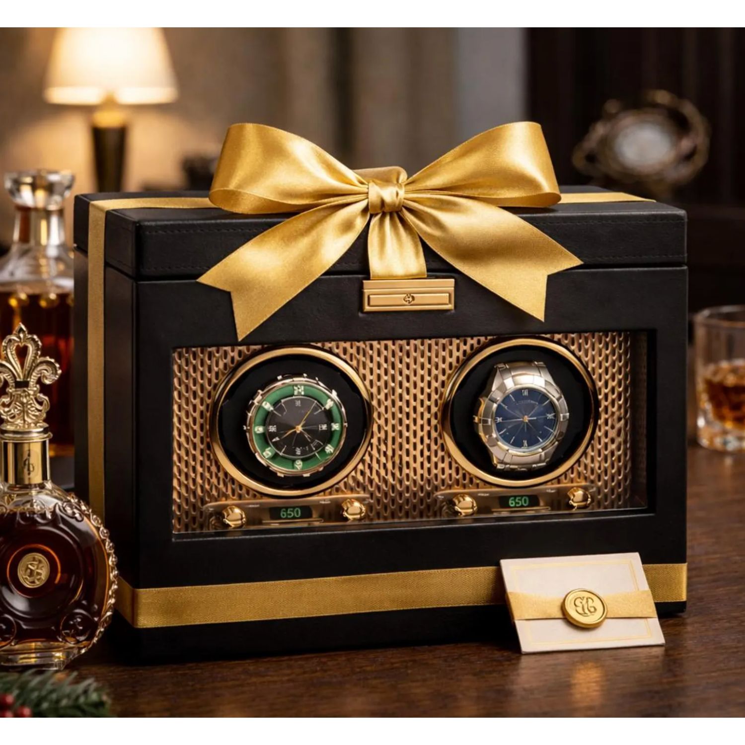 Luxury watch box with two watches and a gold bow, surrounded by alcohol bottles and glasses - watch winder for colectors - gift for men - gift for dat-gift for boyfriend