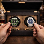 Two watches in a wooden display case held by hands on a wooden surface - watch winder for colectors - gift for men - gift for dat-gift for boyfriend