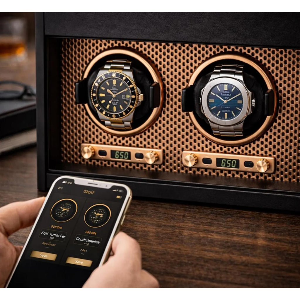 Two watches in a winder with a smartphone app interface on a wooden surface - watch winder for colectors - gift for men - gift for dat-gift for boyfriend
