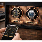 Two watches in a winder with a smartphone app interface on a wooden surface - watch winder for colectors - gift for men - gift for dat-gift for boyfriend