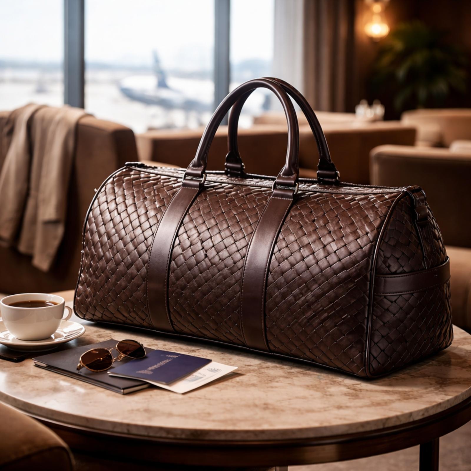 Brown woven duffel bag on a table with sunglasses and a passport in a room with a cityscape view.