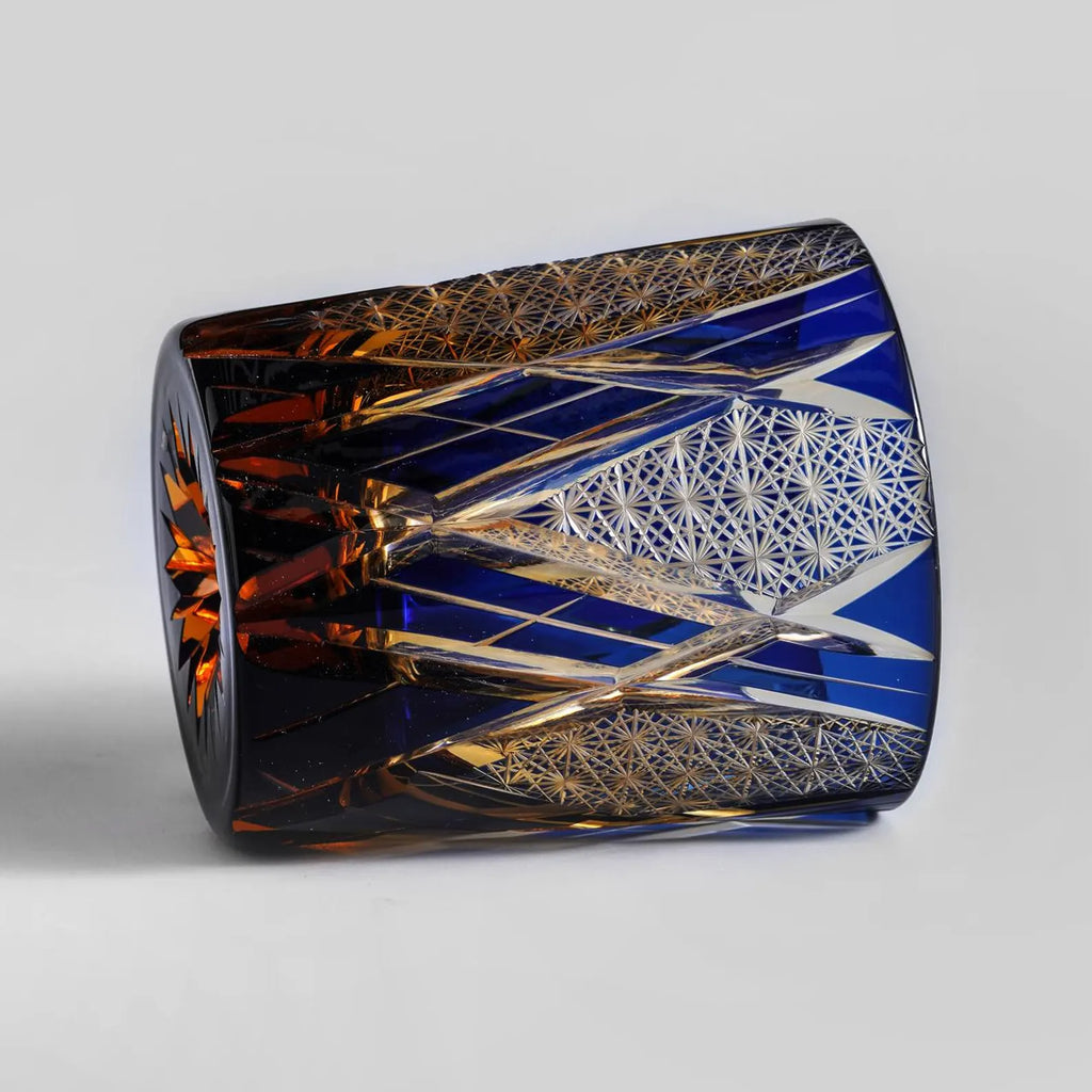 Hand-Carved Edo Kiriko Crystal Whiskey Glass – Japanese Amber Blue Bourbon Tumbler, Lead-Free Luxury Scotch Glass Gift
