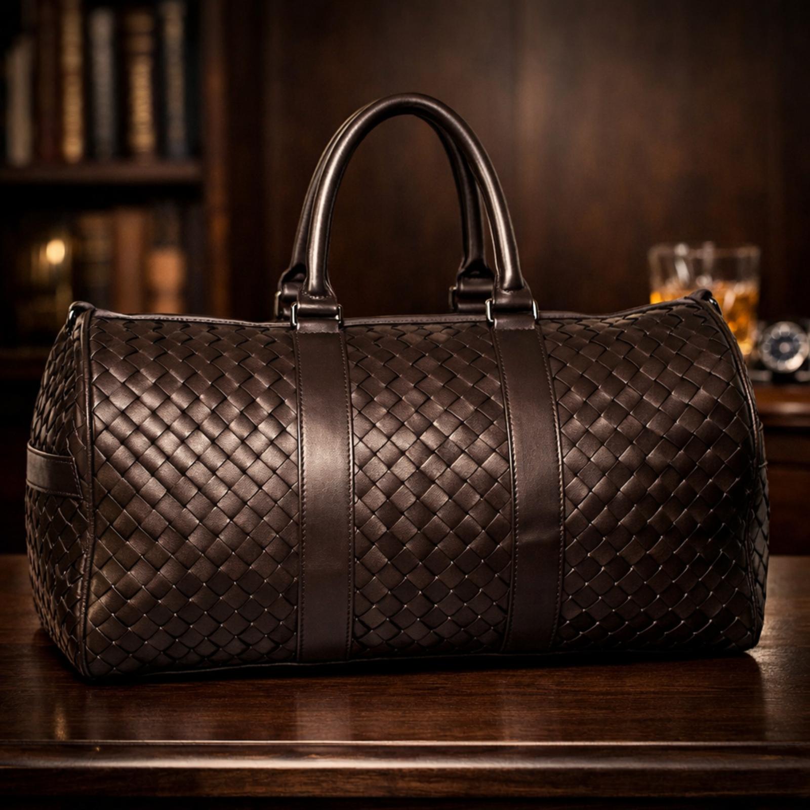 Woven leather duffel bag on a wooden surface with a blurred background