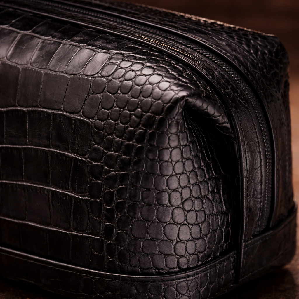 Close-up of croc-effect leather texture on men's toiletry bag