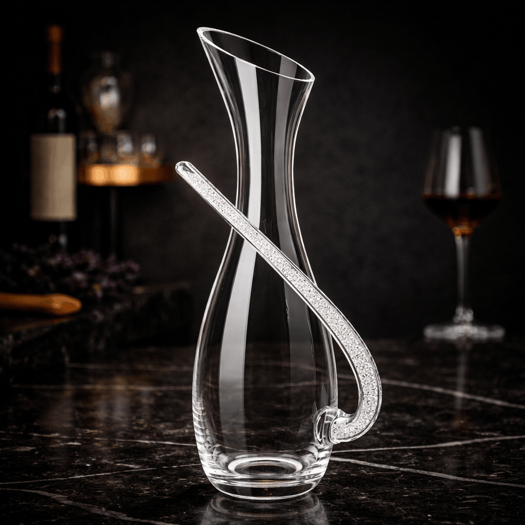 Clear glass decanter with a long handle on a dark marble surface.