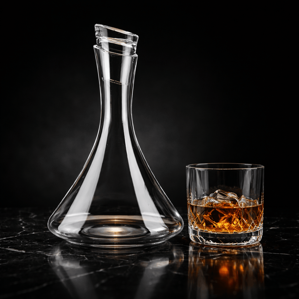 Clear glass decanter and whiskey glass with ice on a dark surface