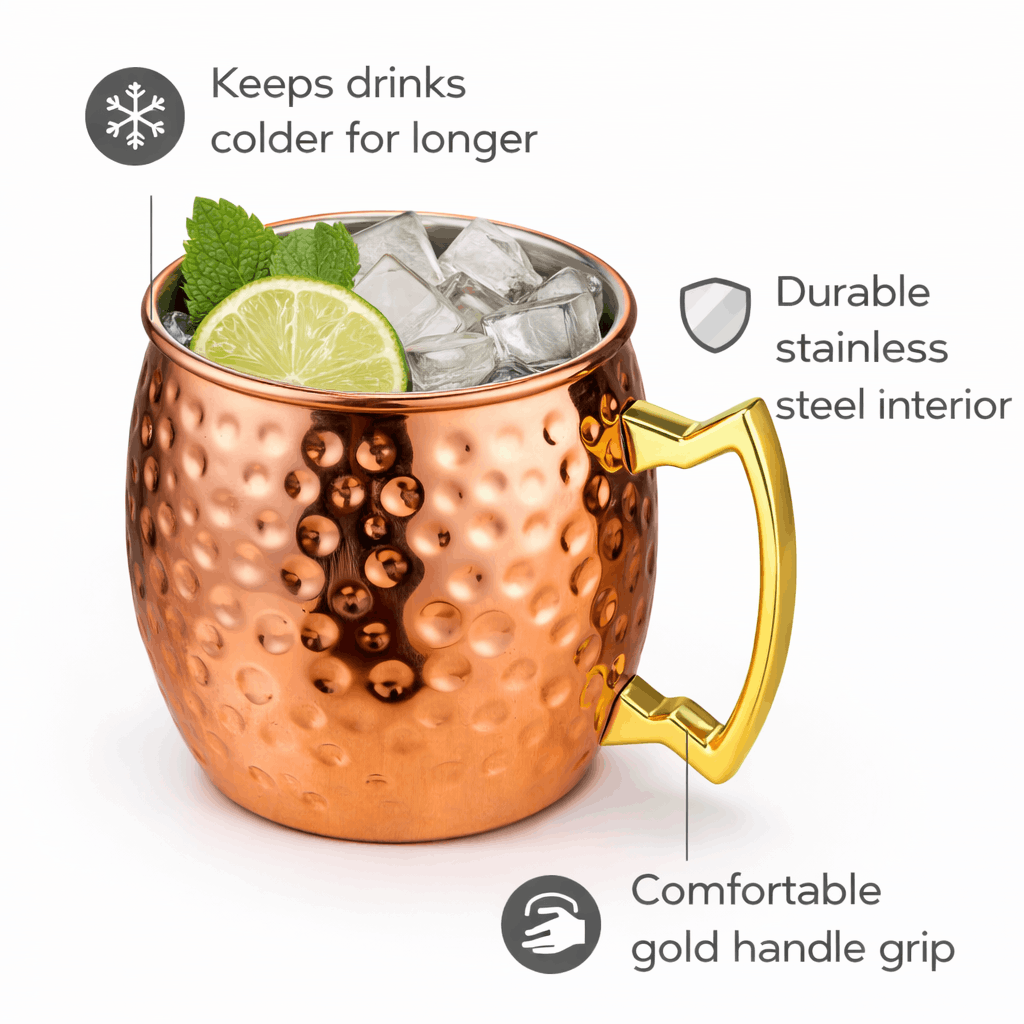 Copper mug with gold handle containing ice and lime, with text highlighting features.