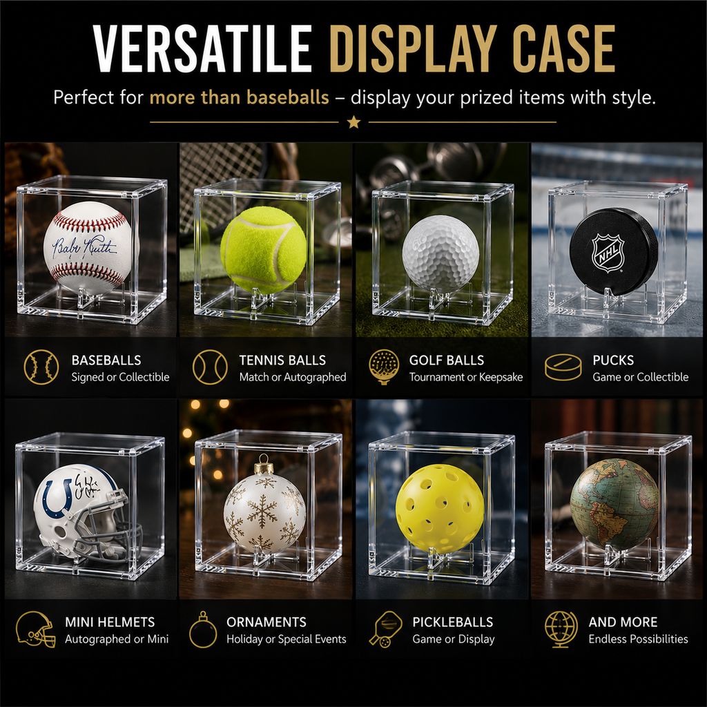 Versatile display case for various sports items including baseballs, tennis balls, golf balls, and pucks.