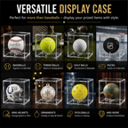 Versatile display case for various sports items including baseballs, tennis balls, golf balls, and pucks.