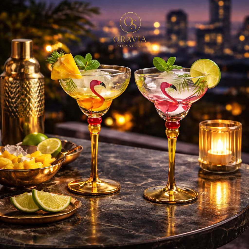 Two cocktails with flamingo decorations on a marble table with a cityscape background.
