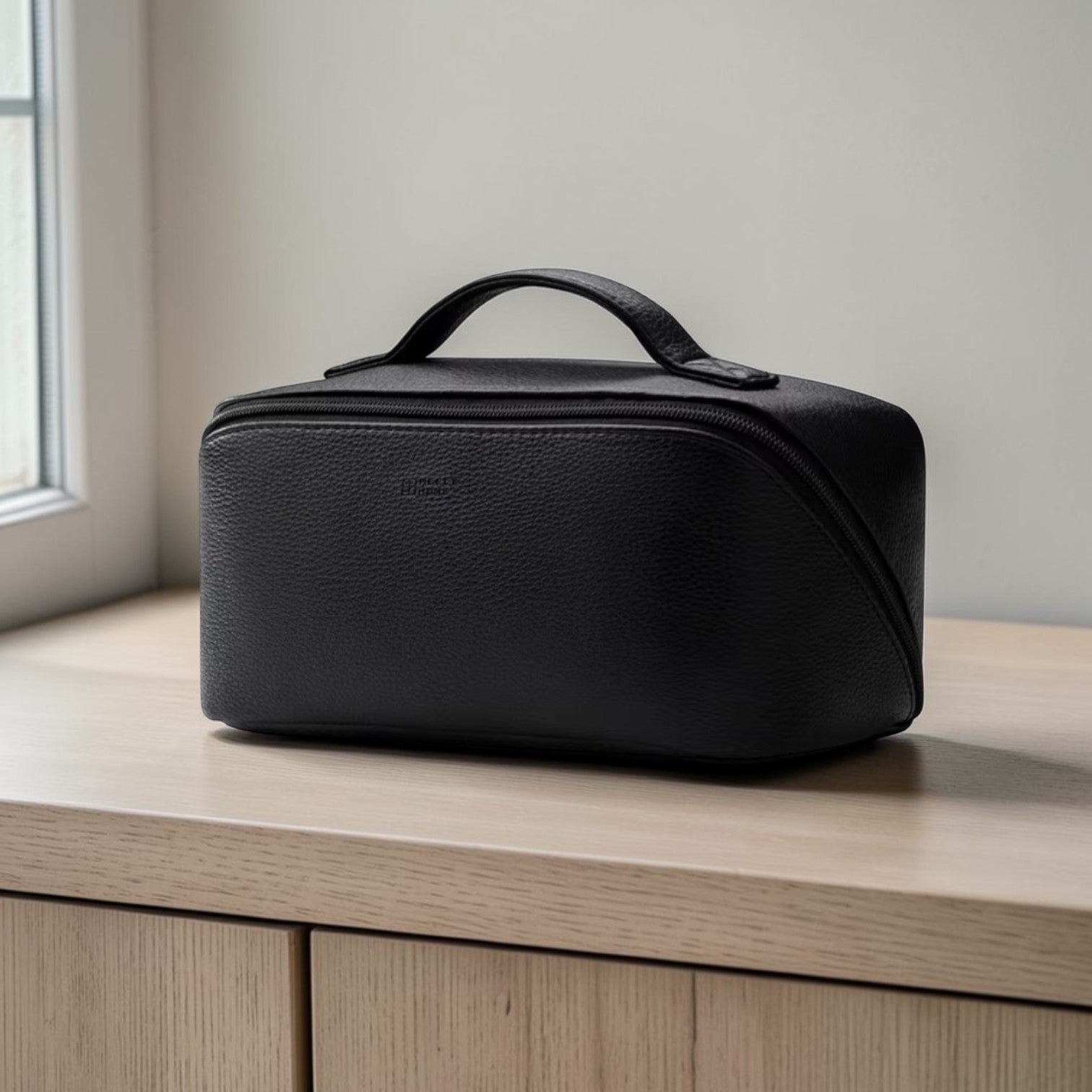 Black leather toiletry bag on a wooden surface with a neutral background