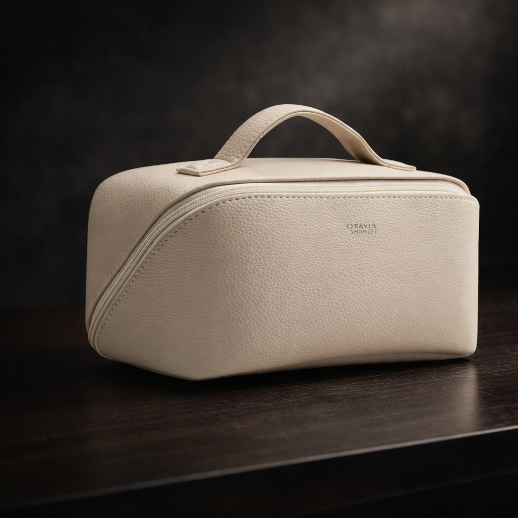 Beige toiletry bag on a dark surface with a dark background