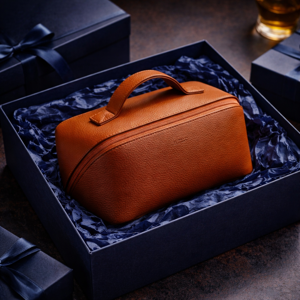 Brown leather suitcase in a black gift box with blue interior