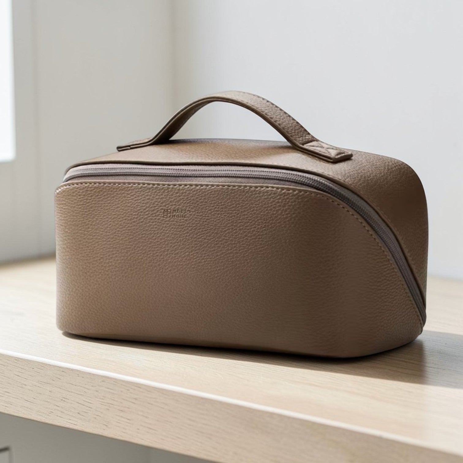 Brown leather toiletry bag on a light wooden surface with a neutral background